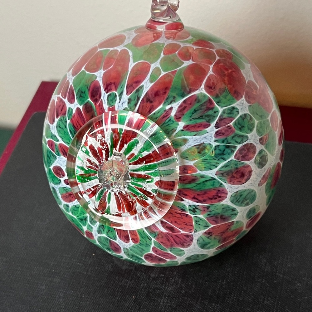 Artisan Hand Blown Pink Green & White Splatter Glass Lg Friendship Ball Ornament